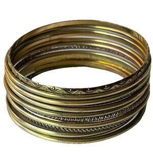 Stacked Gold Tone Metal Bangle Bracelet Lot Mixed Designs 11 Pieces 80s 90s Boho